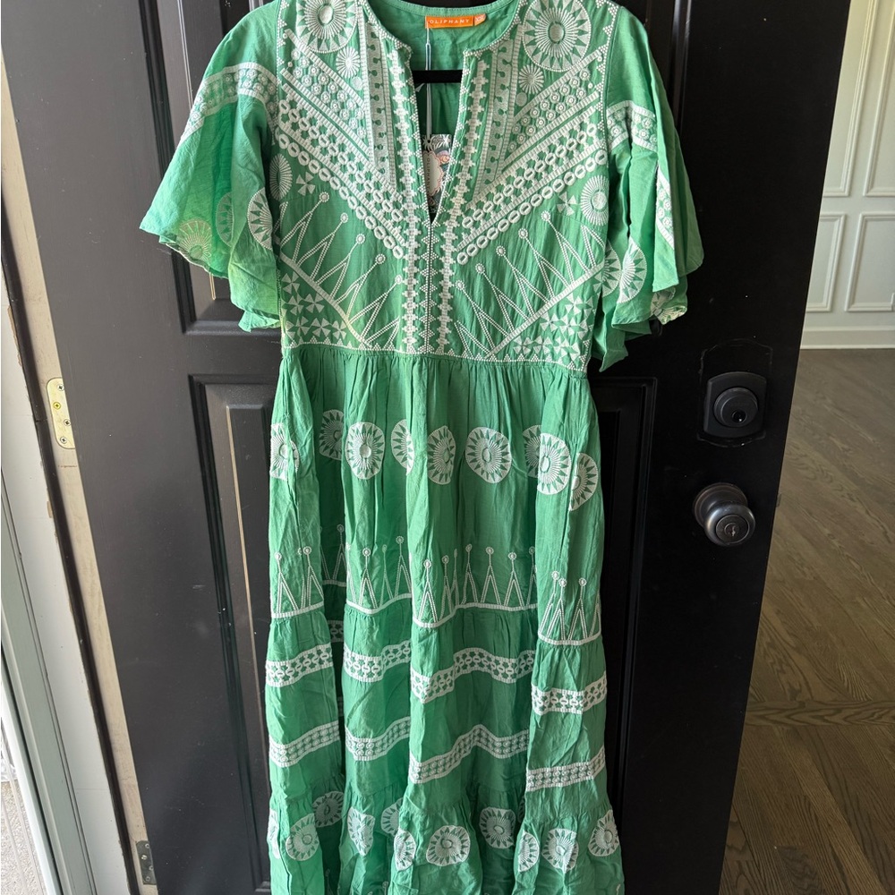 Oliphant Green and White Embroidered Midi Dress